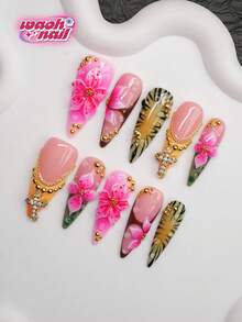 Almond-Shaped Handmade Press-On Nails Y2K Baddie Style, Nude, Green, Yellow, Brown, Red Nail Tips With French Tips, Carved Patterns, Steel Beads, Crosses, Tie Dye, Water Droplets, Zebra Stripes Design Pure Handmade Press-On Nails, Suitable For Women And Girls, Shiny Nail Tips, 10 Pieces 3 Sizes, Suitable For Parties, Balls, Daily Wear, Includes Tool Kit, Can Be Given As A Gift To Women And Girls. - Multicolor - View 3