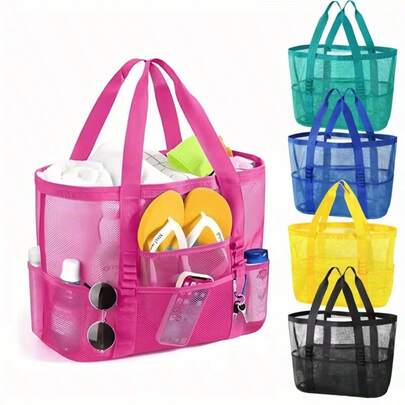 2pcs Large Capacity Mesh Beach Bag, Sand-Proof Beach Pool Travel Storage Tote Bag, Multi-Pocket Design, Essential Beach Bag For Family Vacation