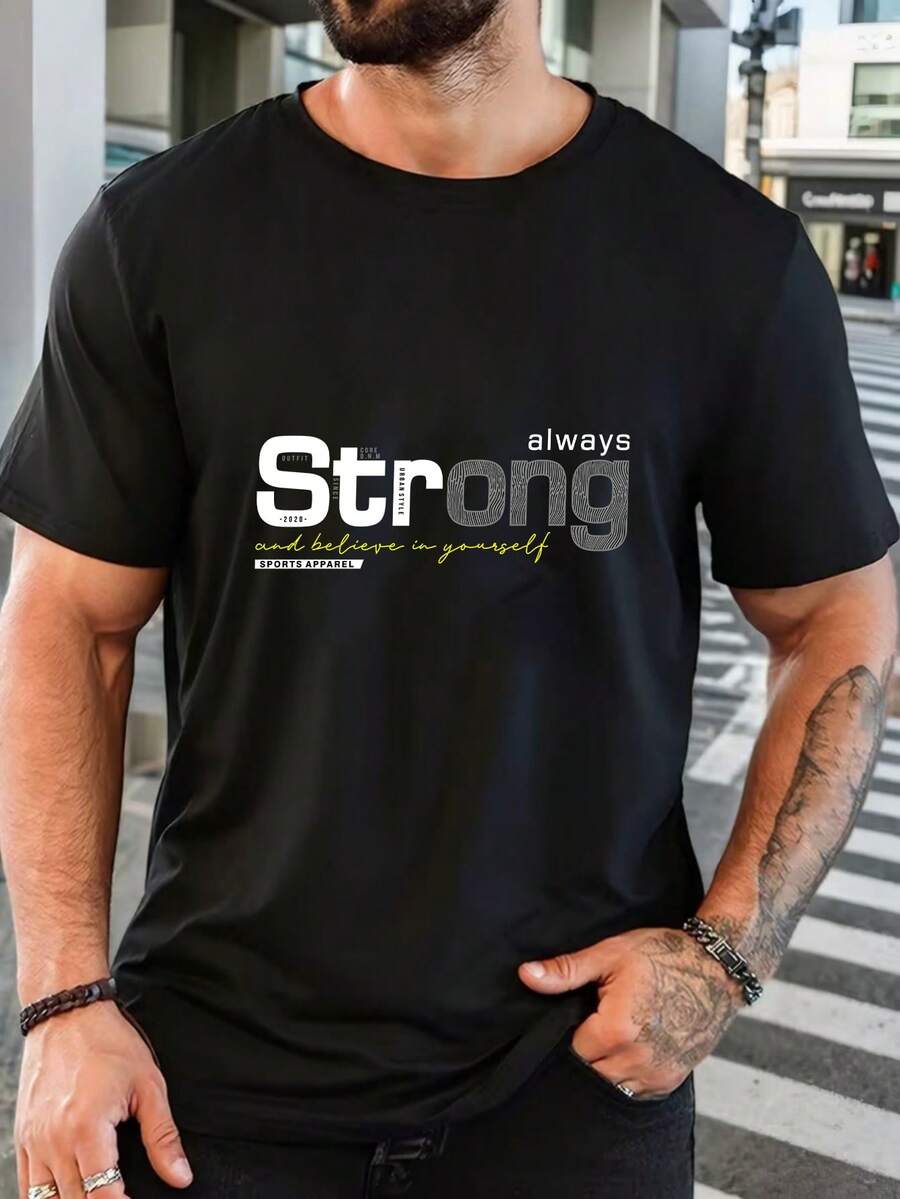 T-shirt de manga curta com estampado gráfico para homem, "So Strong Always Keep Going", casual, para o dia a dia, presente de Natal para ele - Preto - Ver 1