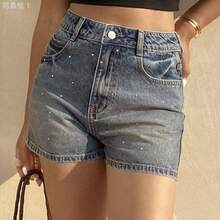 jianchaimaoyi02  Minifalda de verano para mujer con decoración de rhinestones, shorts vaqueros ajustados y sexy de estilo urbano con lentejuelas - Negro01 - Ver 7
