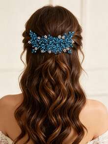 Elegant Black Metal Wire Blue Crystal Leaf Bridal Hair Comb, Handmade Rhinestone Beaded Hair Accessory, Wedding Hair Ornament, Suitable For Bride, Bridesmaid, Prom - Blue - View 1