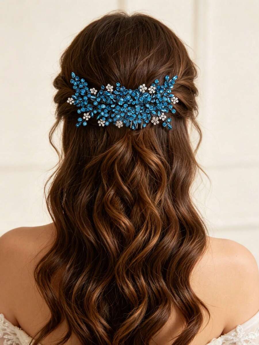 Elegant Black Metal Wire Blue Crystal Leaf Bridal Hair Comb, Handmade Rhinestone Beaded Hair Accessory, Wedding Hair Ornament, Suitable For Bride, Bridesmaid, Prom - Blue - View 1