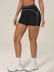 TimeOff Women's 1pc Contrast White Line High Waist Tummy Control Sports Shorts - Black - View 8