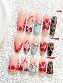10 piezas de uñas postizas de estilo retro hechas a mano, set de uñas de polygel, estrella de cinco puntas y cereza, esmalte de uñas rojo, azul, marrón y plateado, estilo casual, incluye herramientas para uñas, 3 tamaños disponibles, pato, ataúd, almendra, uñas con brillo para fiesta, baile, uso diario. - Multicolor - Ver 1