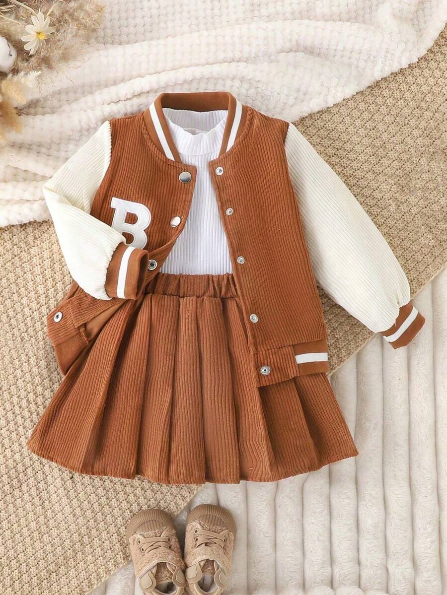 2pcs/Set Young Girl Collegiate Baseball Jacket & Corduroy Skirt, Fall & Winter - Brown - View 1