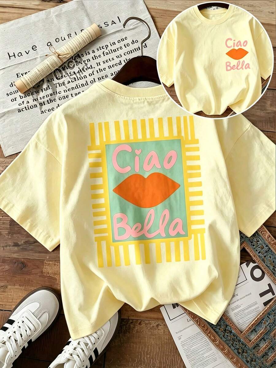 Women's Casual Cotton Round Neck Short Sleeve T-Shirt With Ciao Bella Lip Graphic Print, Cute And Elegant Regular Length Top For Spring Outfits - 黃色 - 查看 1