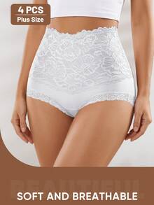 4pcs Women's Plus Size High Waist Tummy Control Panties, Lace Patchwork, Jacquard Pattern, Bodycon - White - View 5