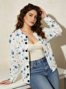 ASHKATIA Women's Plus-Size Vintage Cardigan Sweater, Fall Winter Knit For Social Occasions Fresh Floral Pattern - Multicolor - View 12