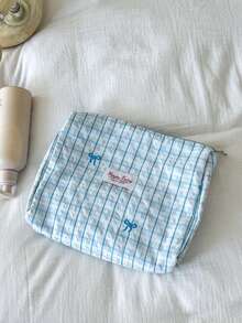 AGG 藍粉格紋刺繡蝴蝶結小清新尺寸女用化妝包，內袋便攜旅行盥洗包手提包，多功能護膚收納袋，送給媽媽或女友的情人節大容量收納禮物 - 彩色 - 查看 3