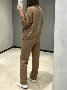 YI XUAN Women's 2pcs Set, Sports Casual Knit Cardigan Button Jacket And Drawstring Pants,Cotton Material Women's Clothing For Fall And WinterBrown Suit - Coffee Brown - View 4