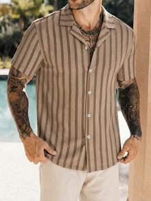 Men's Striped Button-Down Shirt, Short Sleeve, Collar, Textured Striped Print, Brown Khaki Top, Vintage Aesthetic, Understated Luxury, Beach Vacation, Soft Touch, Casual Summer Holiday Outing Shirt - White - View 2