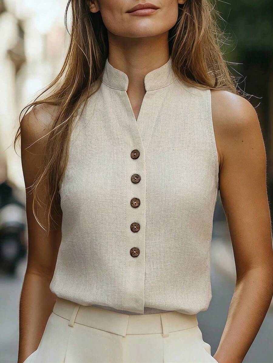 Blusa de verano de mujer de cuello en V sin mangas, de alta calidad, elegante y casual, adecuada para carnaval, Día del Trabajo, escuela, viajes, playa, calle, conjunto de verano.Blusa - Albaricoque 2 - Ver 1
