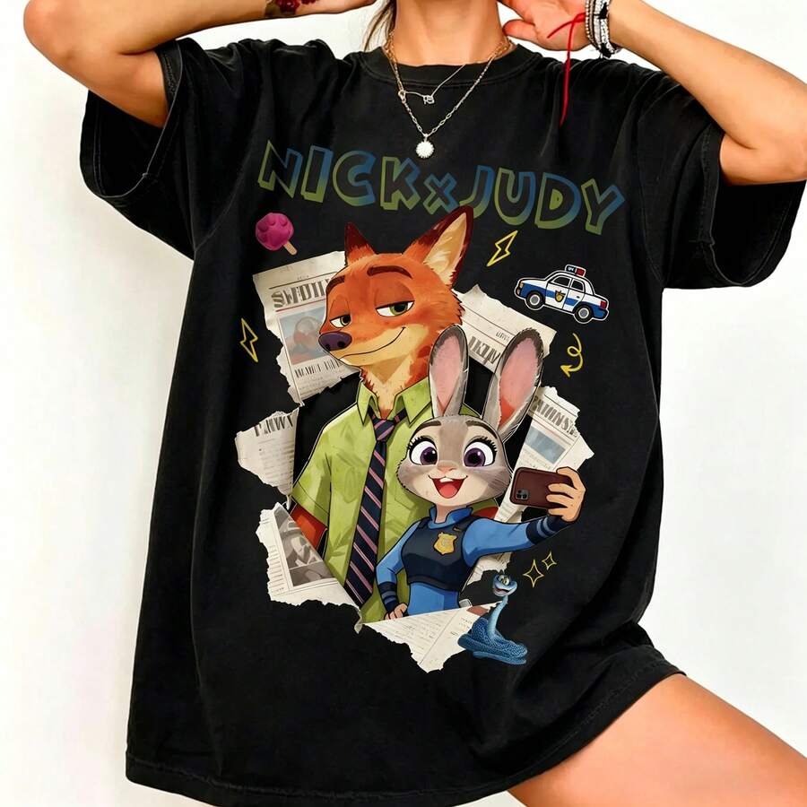 Disney Zootopia Nick X Judy Oversized Women's T-Shirt, Nick Wilde & Judy Hopps Selfie Graphic Tee, Casual Loose Fit Shirt, Perfect Gift For Fans - 黑色 - 查看 1