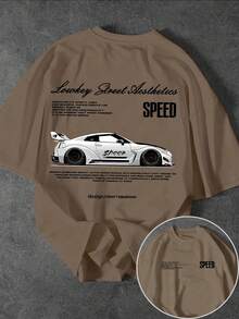 Men's Casual Short Sleeve Crew Neck T-Shirt With Racing Street Slogan Print - Brown - View 1