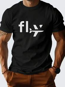 Maglietta Unisex 180g Cotone 100%, Girocollo Con Stampa Aereo E Lettere, T-Shirt Manica Corta Confortevole Per Uso Domestico E Uscite Quotidiane - Black - View 5