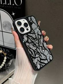 1pc Black & White Lightning Mirror Rhinestone Skin-Feel Spray Painted Phone Case Compatible With 17promax/16plus/15pro/14/13 - Black and White - View 6