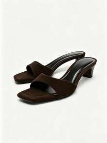 Merlot Suede Square Toe Chunky Heel Slide Sandals, Minimalist Strap Mid-Heel Mules, Versatile Casual Slip-On Sandals For Women - Brown - View 1