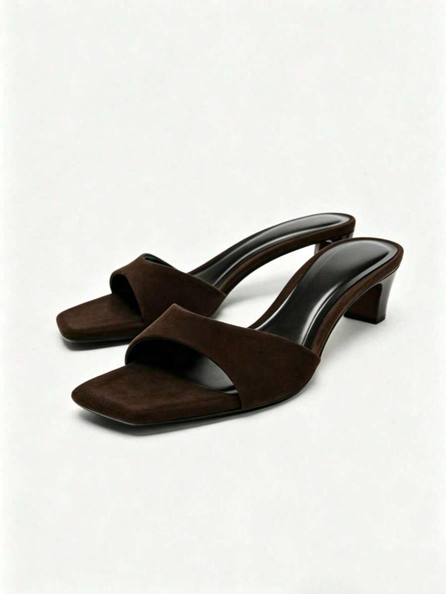 Merlot Suede Square Toe Chunky Heel Slide Sandals, Minimalist Strap Mid-Heel Mules, Versatile Casual Slip-On Sandals For Women - Brown - View 1