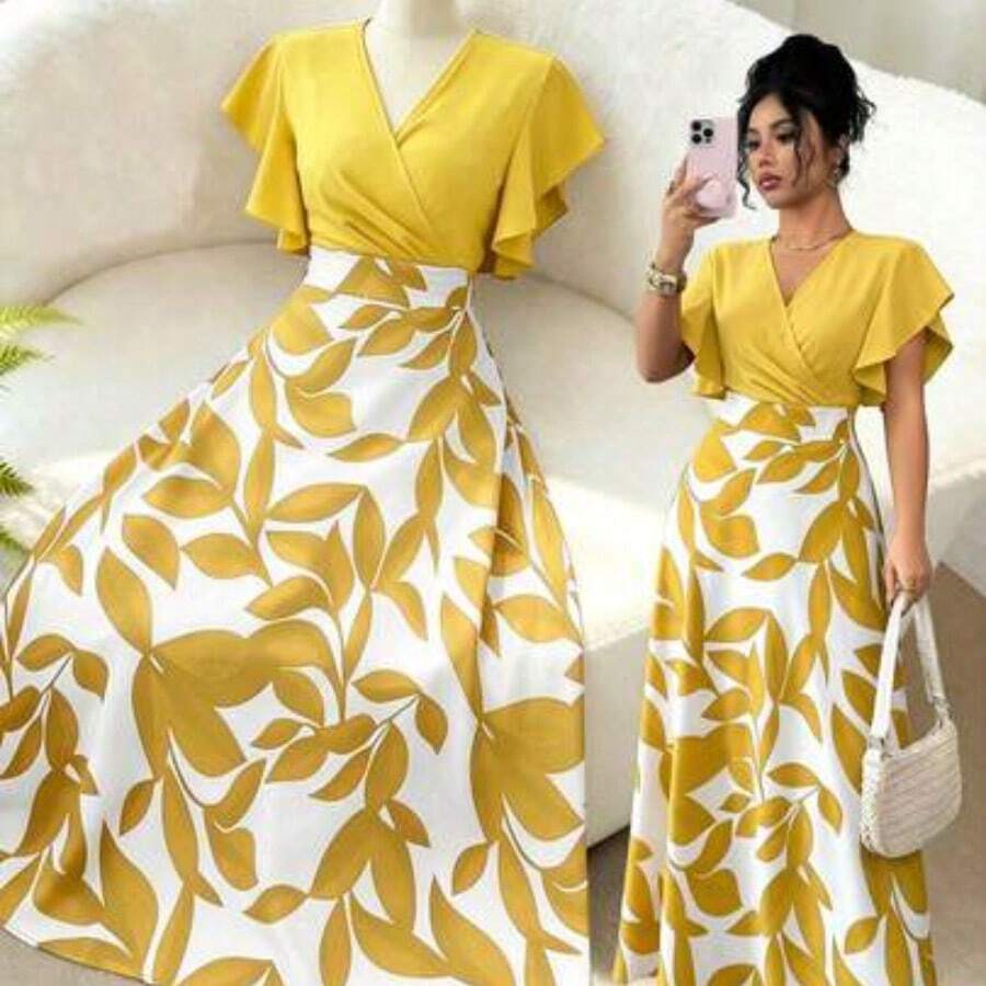 Vestido ajustado con volantes y mangas cortas elegante para mujer, color verde, adecuado para ir al trabajo en primavera/verano - Amarillo - Ver 1