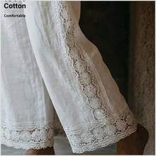 Pantalones casuales de algodón con bolsillo bordado para mujer - Blanco - Ver 4