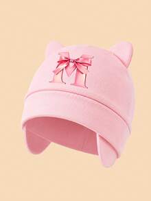 1PC Newborn Pink Cat Ear Beanie, Bowknot A-Z Letter Print Ear Protector Baby Hat, Soft Breathable Hospital Cap, Suitable For Baby Daily Rest And Sleep - Pink - View 20