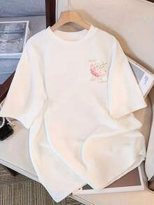 - Women's Chic Short-Sleeved Shirt, Butterfly Print - Y2K Style, Loose Fit, Round Neck, Casual Top With Unique Design, Short-Sleeved Top - White - View 3