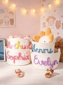 Personalized Storage Basket Customized Name Handmade Rope Woven Basket Baby Room Toy Organizer Foldable Large Capacity Pink Nursery Room Decor - Multicolor - View 4