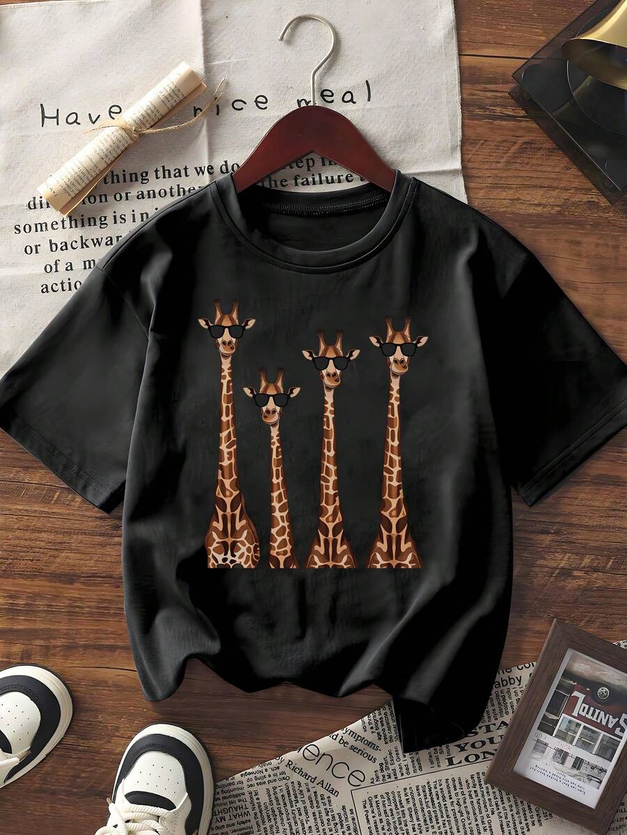 Tricou unisex casual larg cu mânecă scurtă, imprimare grafică cu girafă, pentru purtare zilnică în vară - Negru - Vizualizare 1