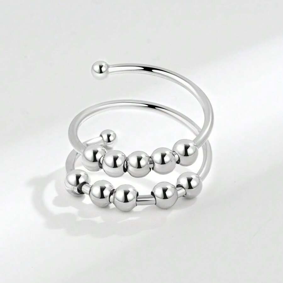 1pc Minimalist Double-Layer Rotating Ball Adjustable Ring, With A Unique Design, Providing A Stress-Relieving And Calming Effect. - Silver - View 1