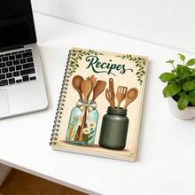 1pc A 50-Page A5 Notebook Featuring A Fun Spiral Design, Making It A Delightful Gift For Friends And Family. The Cover Showcases A Vintage Rustic Kitchen Theme With The Word 'Recipes' In Green Cursive - L - View 4