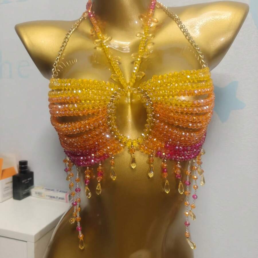Pearl Beaded Chest Chain, Handmade Halter Vest Style Body Chain, Suitable For Outdoor Use. - Yellow - View 1