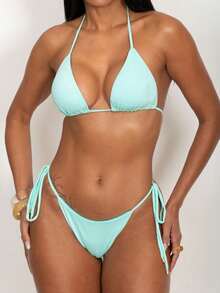 Triangle Bikini With Double Polyamide String Tie-Up Panties - verde menta - Ver 2