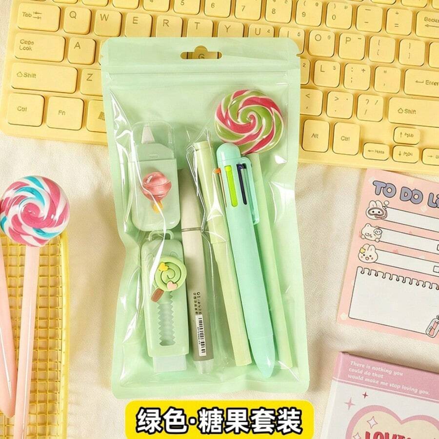 1套高美感棒棒糖文具組，小學生學習獎勵文具小禮物，班級團購7合1多功能文具組 - 4色可選，點亮辦公時光，包含推拉橡皮擦、螢光筆、原子筆及更多工具，創意人士理想的7件組文具組合！