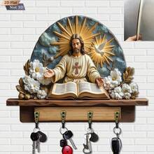 Christian Jesus Bible Wall Hanging Key Rack 2D Flat Non-3D Vintage Icon Cross Wooden Key Storage Hook Believer Home Entryway Wall Faith Decor Plaque - Jesus Bible Theme - View 1