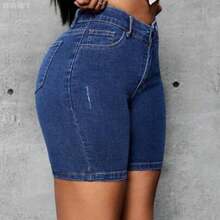 jianchaimaoyi02  Pantalones Cortos De Mezclilla Ajustados De Cintura Alta Para Mujeres - Azul lavado medio - Ver 1