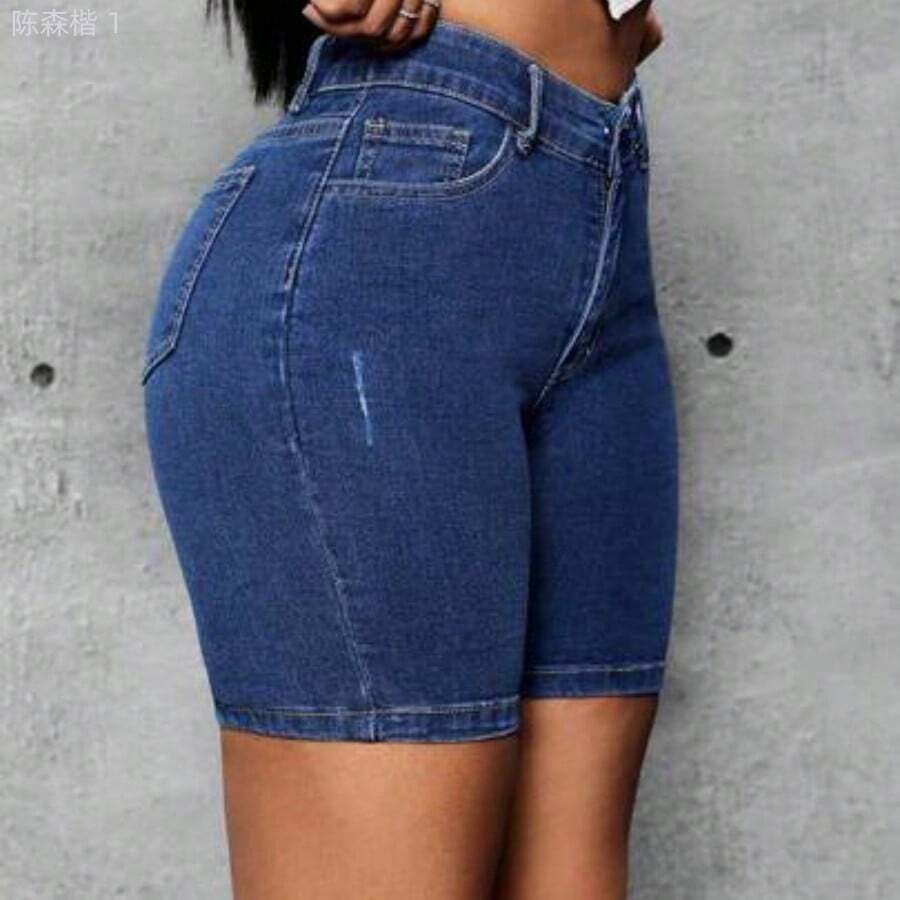 jianchaimaoyi02 Pantalones Cortos De Mezclilla Ajustados De Cintura Alta Para Mujeres - Azul lavado medio - Ver 1