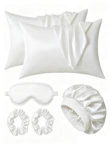 6pcs Women Satin Pillow Case Set, Including Silky Sleep Cap Bonnet, Sleep Mask And Hair Scrunchies - Multicolor - View 17