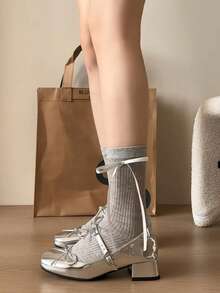 Sweet Cool Ballet Style Silver Square Toe Mary Jane Shoes With Bow, French Girl Aesthetic, Versatile Women's Shoes For Dating, Commuting And Preppy Style, Spring/Autumn - Silver - View 1