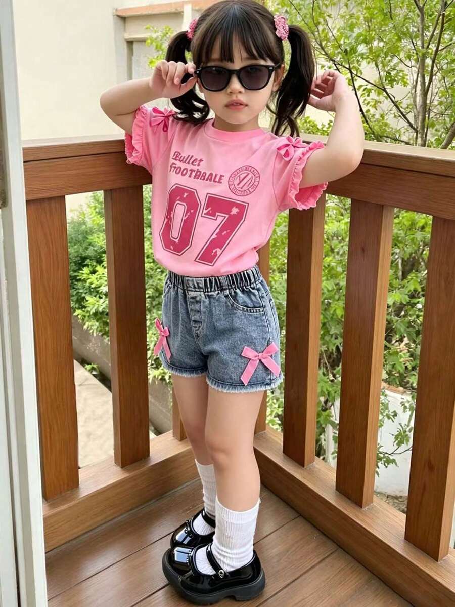 Toddler Girls' Numeric Print Short Sleeve Top And Denim Shorts Set - Pink - View 1