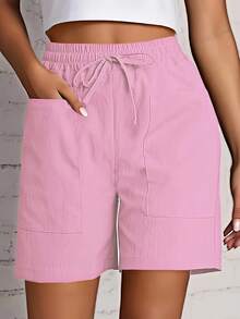 New 2026 Model: [Drawstring Shorts] 2-Piece Women's Casual Shorts Set With Drawstring And Pockets In Solid Color - Blue+Orange - View 8