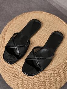 Sandalias tipo slide de mujer con punta cuadrada, planas, de moda, versátiles, para exteriores, de lujo, con hebilla, para verano, playa, vacaciones, premium, para todas las estaciones, elegantes chanclas - Negro - Ver 1