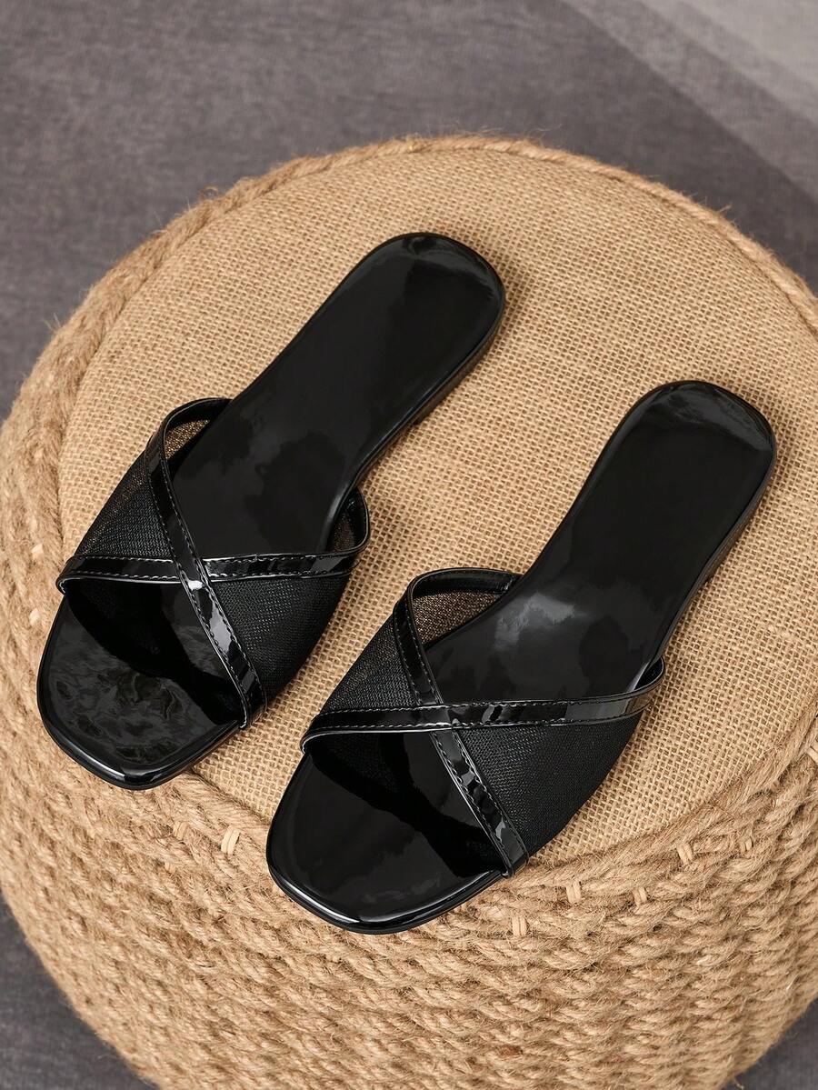 Sandalias tipo slide de mujer con punta cuadrada, planas, de moda, versátiles, para exteriores, de lujo, con hebilla, para verano, playa, vacaciones, premium, para todas las estaciones, elegantes chanclas - Negro - Ver 1