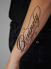 1 pieza Pegatina de tatuaje temporal con patrón simétrico de escritura retro en inglés "Divinely", diseño de tatuaje simulado, adecuado para viajes, festivales de música, juegos, regalos de graduación, dura de 3 a 5 días - Negro - Ver 5