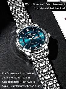 VA VA VOOM 1件男士奢華石英手錶，羅馬數字錶盤防水夜光腕錶，不鏽鋼錶帶日期與星期商務運動手錶 - 均碼 - 查看 5