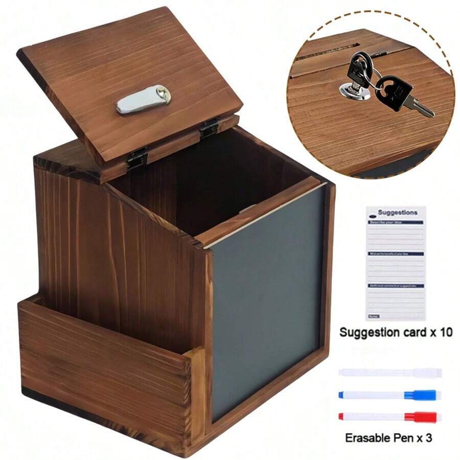 Wooden Suggestion Box With Lock Slot Wall Mount Donation Tip Jar With Chalkboard - 1Pcs - View 1