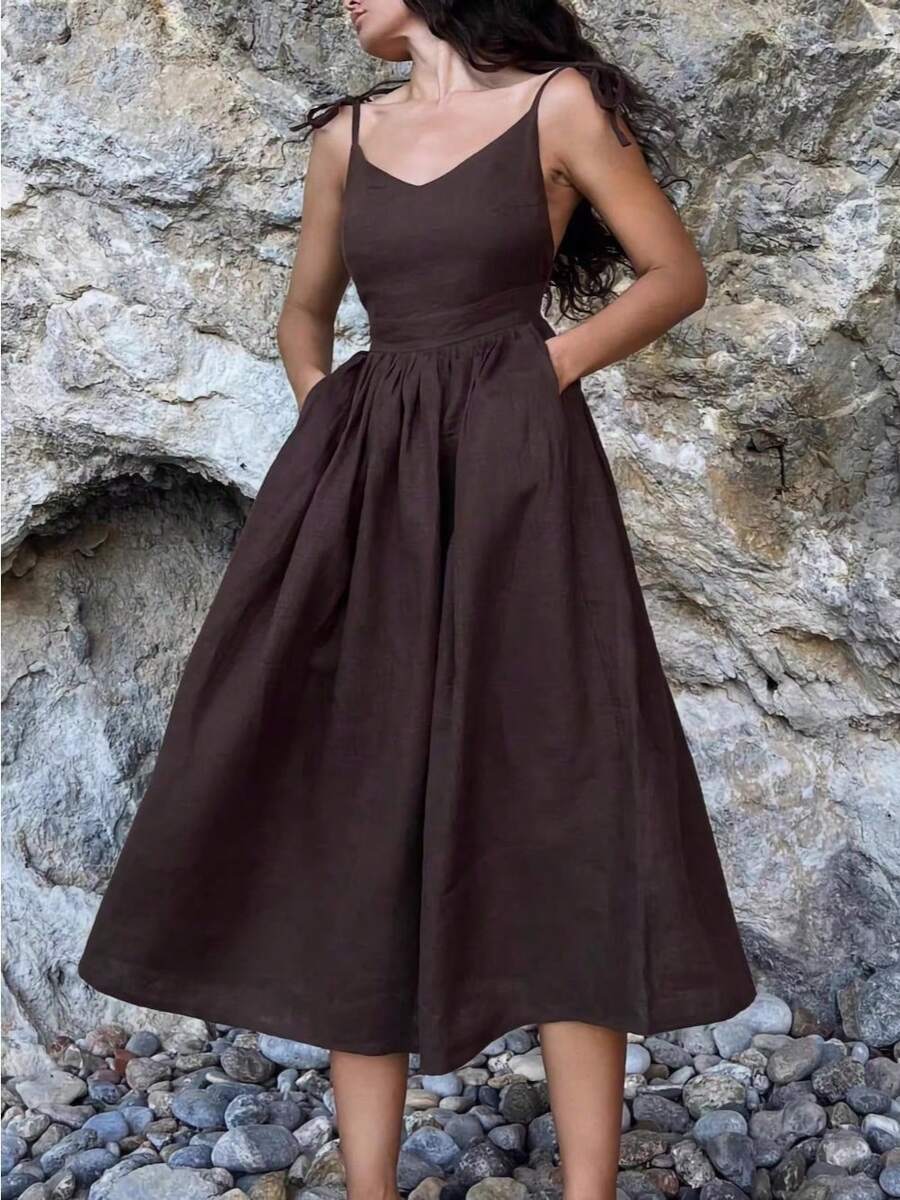 Vestido de verano temprano, holgado, con tirantes y espalda descubierta, elegante, sexy y de estilo vacacional - Marrón - Ver 1