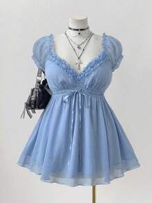 Elegant Blouse With Lace Trim In A Solid Color, Perfect For Summer - Blue - View 1