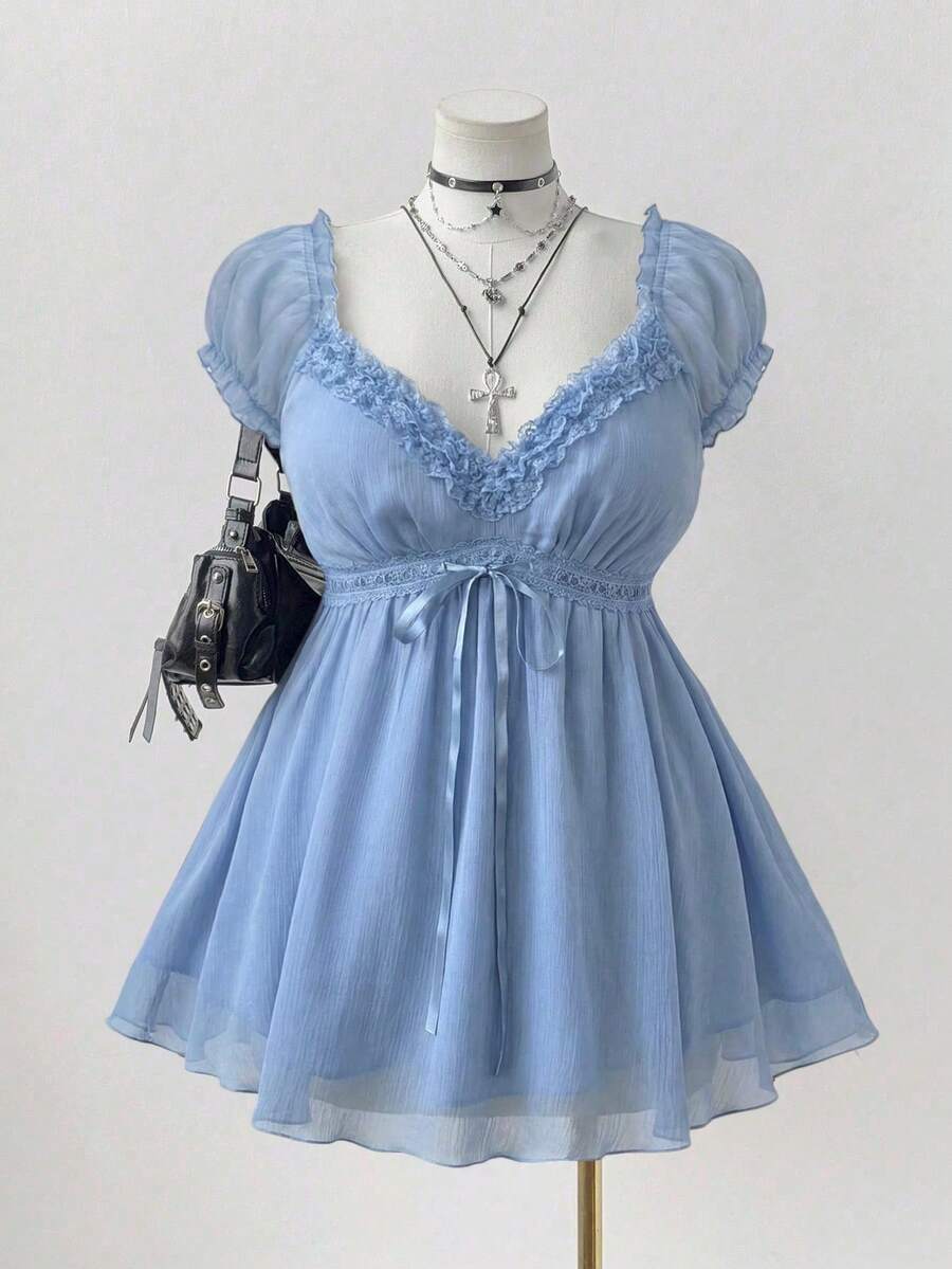 Elegant Blouse With Lace Trim In A Solid Color, Perfect For Summer - Blue - View 1