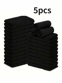 5 pièces Ensemble de serviettes de bain noires, serviettes de toilette de couleur unie, super douces, à séchage rapide et absorbantes, épaisses, serviettes de visage confortables, sans peluche, convenant pour la salle de bain de la maison, fournitures de salle de bain - Noir - Voir 1