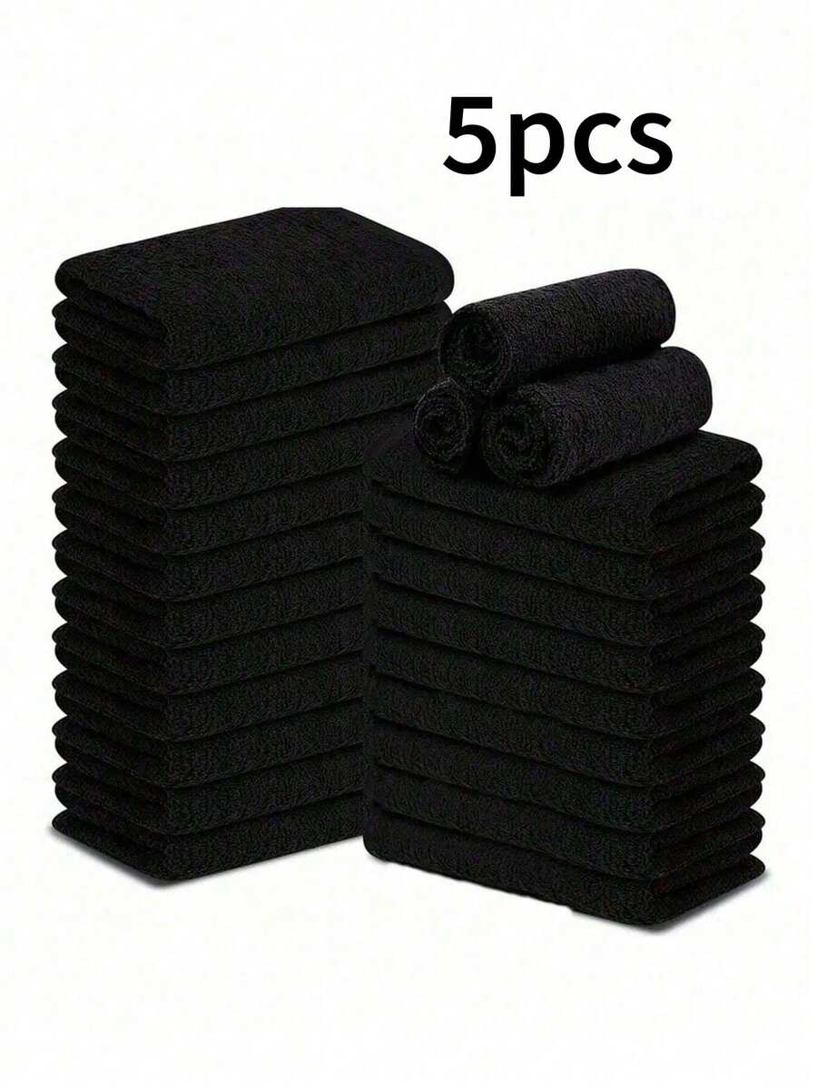 5 pièces Ensemble de serviettes de bain noires, serviettes de toilette de couleur unie, super douces, à séchage rapide et absorbantes, épaisses, serviettes de visage confortables, sans peluche, convenant pour la salle de bain de la maison, fournitures de salle de bain - Noir - Voir 1